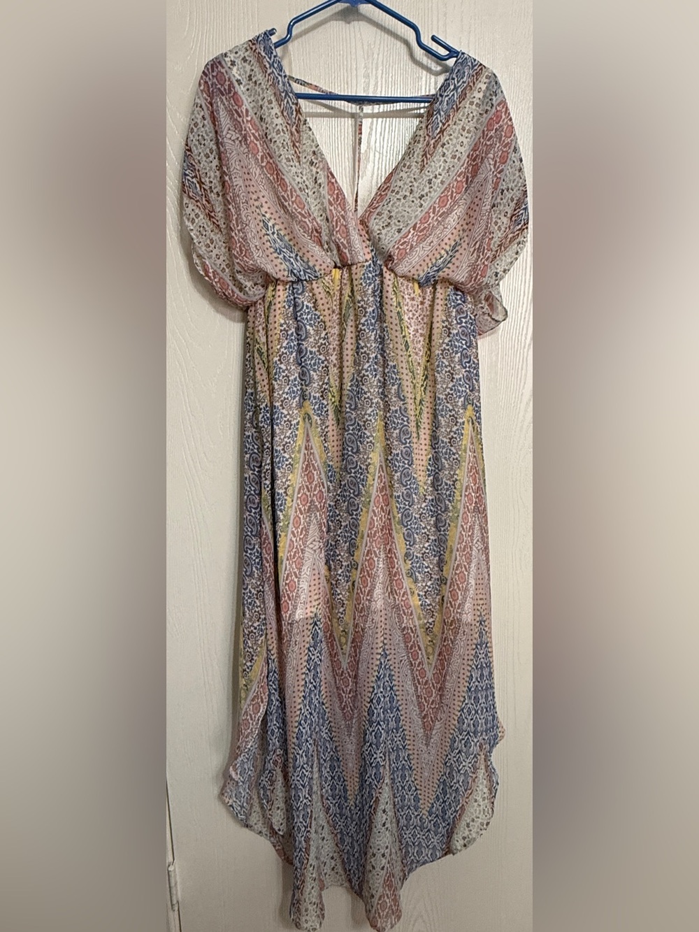 paper doll Boho V‑Neck Maxi Dress in Blue, Pink, Yellow